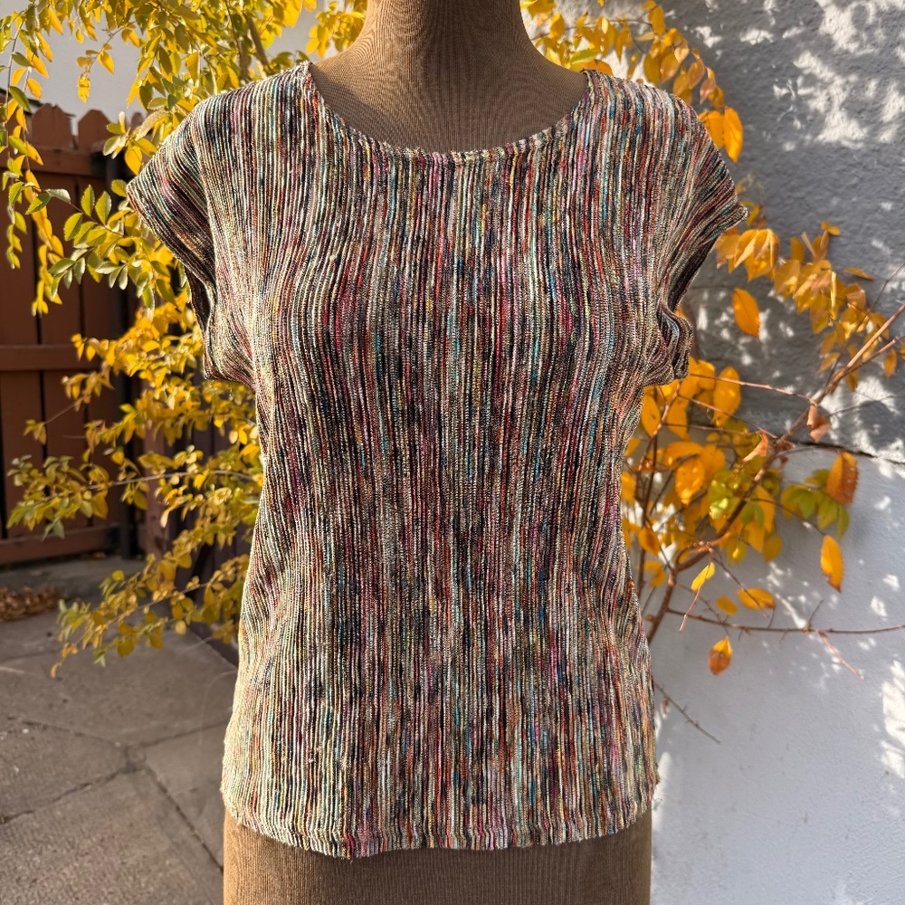 Vintage 90s Multicolor micro-pleat cap-sleeve top